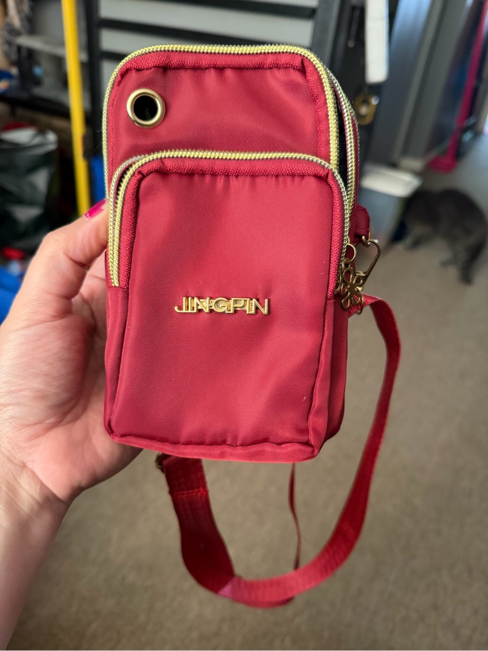 Jingpin Red Crossbody Phone Pouch with Gold Hardware